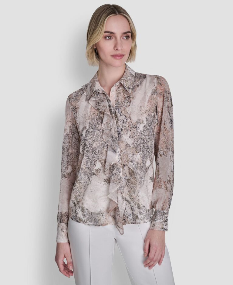 Women's Printed Ruffle Front Long-Sleeve Collared Blouse
