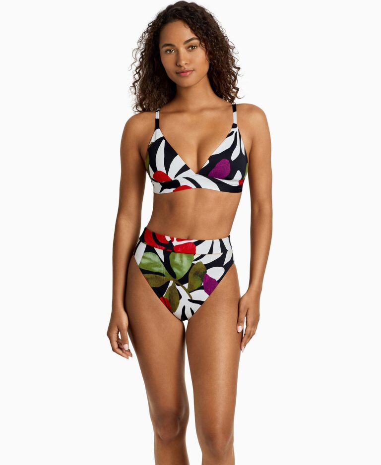 Women's Triangle V-Neck Bikini Swim Bra Top and Banded Modern High-Waist Swim Bottoms