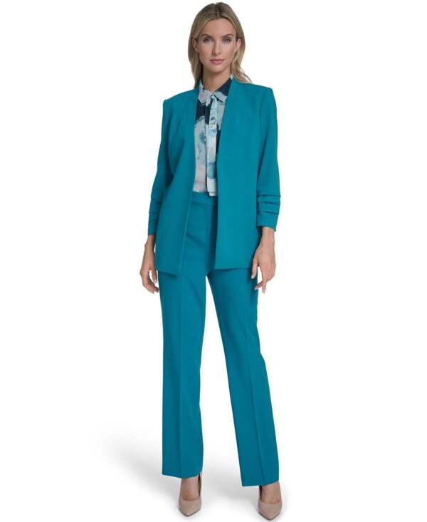 Women's Textured Ruffle Neckline Top, Open Front Ruched Sleeve Jacket, and Modern Fit Pant