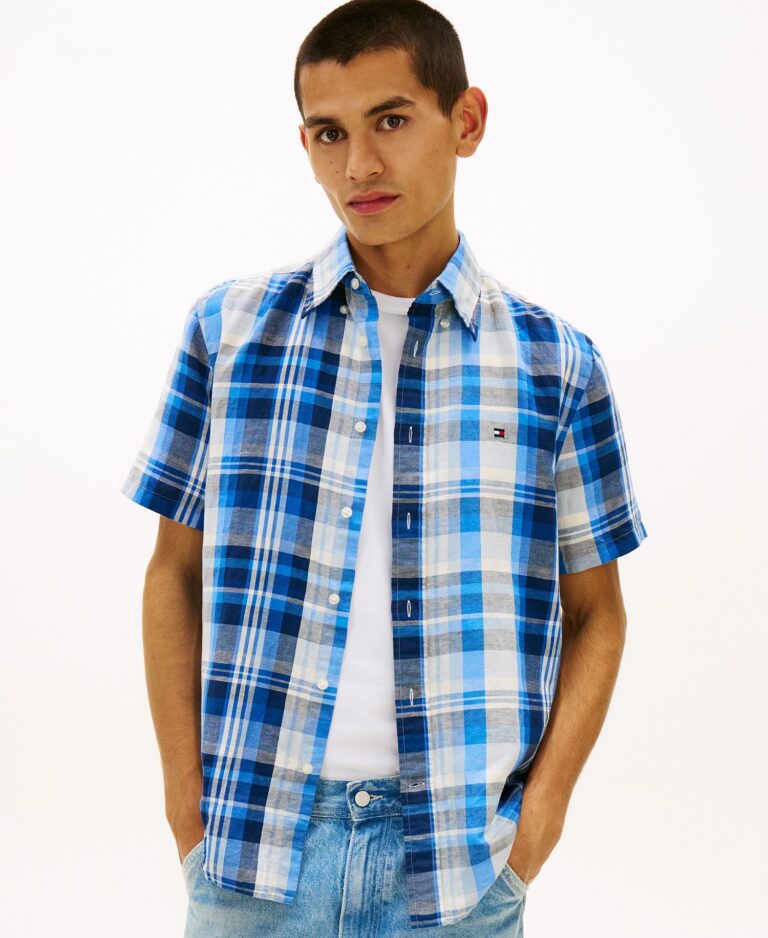 Men's Check Plaid Linen-Blend Short-Sleeve Shirt