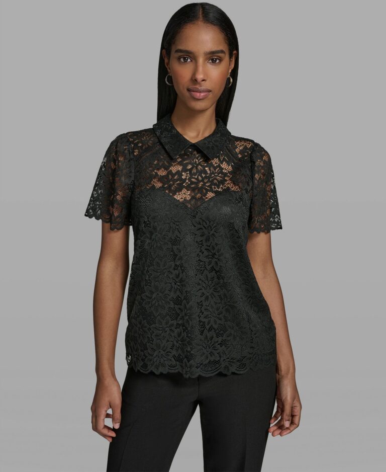 Women's Short-Sleeve Floral Lace Woven Blouse