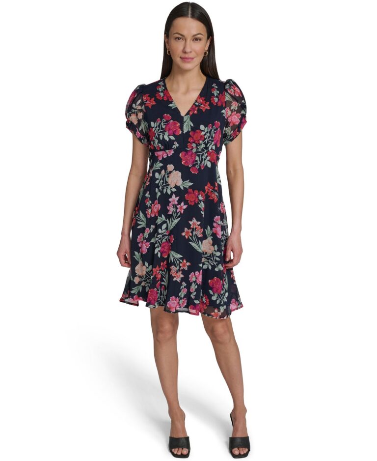 Petite Knot-Sleeve Printed Dress