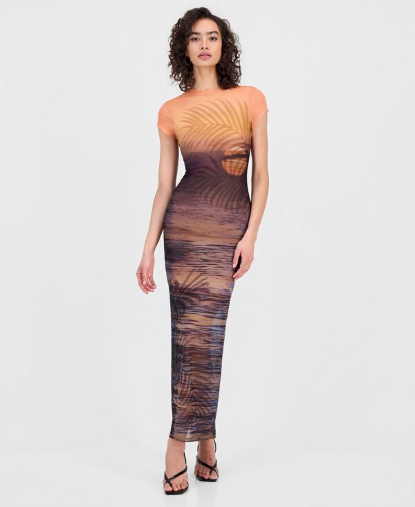 Women's Short-Sleeve Beach Sunset Mesh Maxi Dress