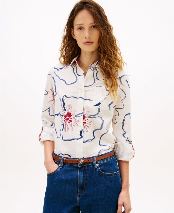 Women's Long-Sleeve Linen Blend Collared Printed Shirt