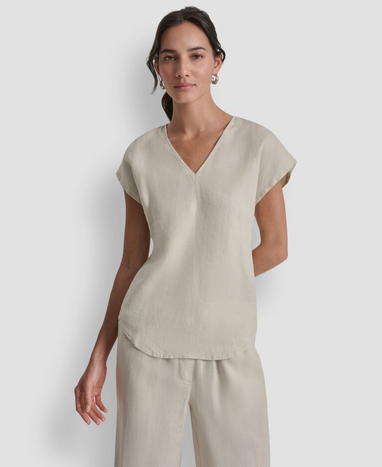 Women's 100% Linen V-Neck Short-Sleeve Shirt