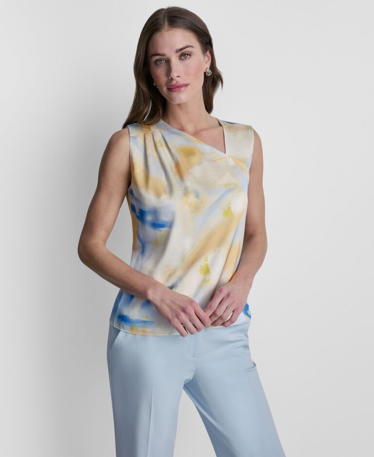 Women's Printed Asymmetric Neck Sleeveless Top