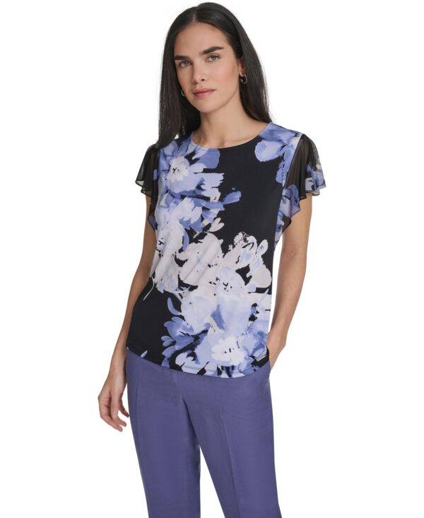 Women's Mixed Media Cap-Sleeve Top