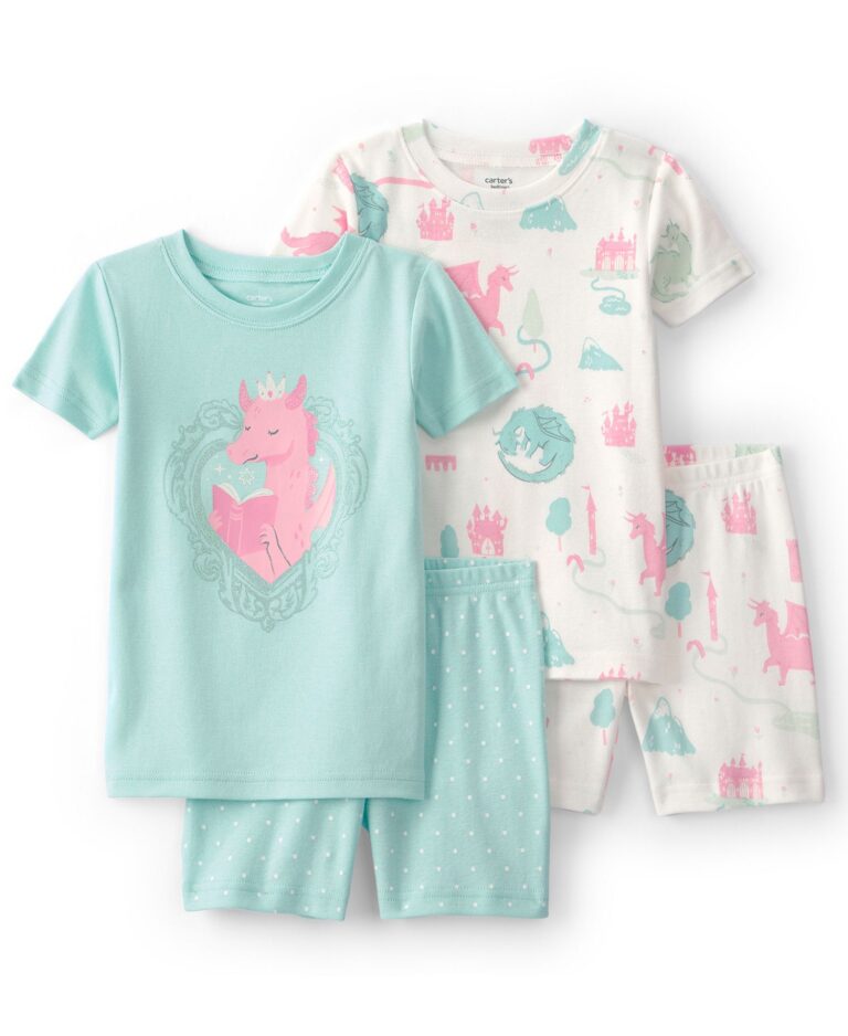 Girls' Toddler 2T-5T Short-Sleeve T-Shirt and Snug-Fit Pants, 4-Piece Pajama Set