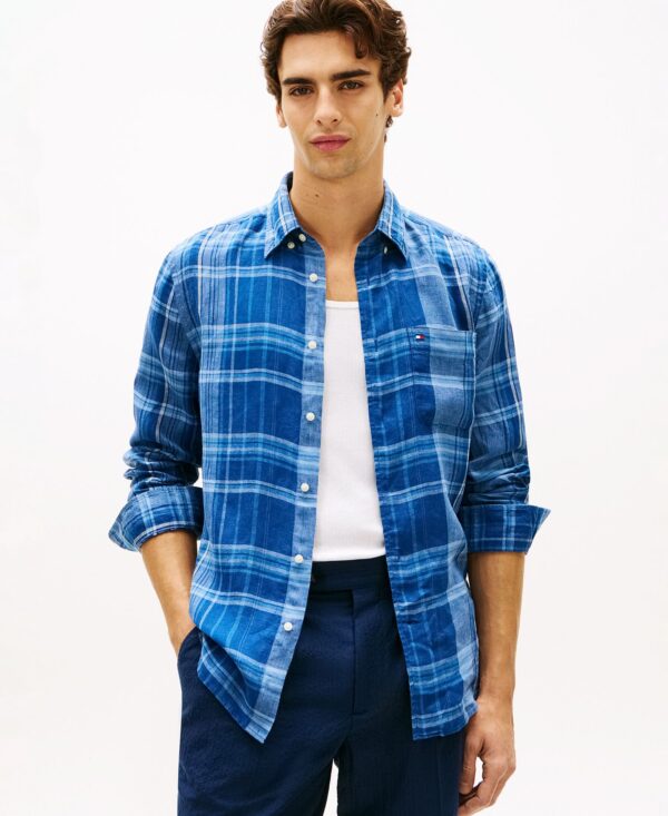 Men's 100% Linen Summer Madras Plaid Long-Sleeve Shirt