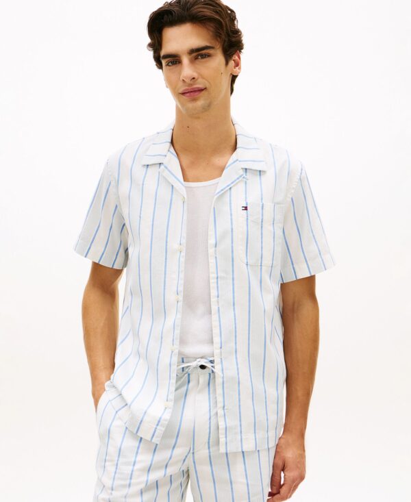 Men's Camp Collar Textured Weave Cotton Stripe Shirt