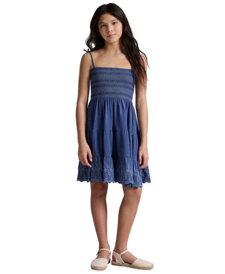 Girls' 7-16 Smocked Eyelet Cotton Jersey Dress