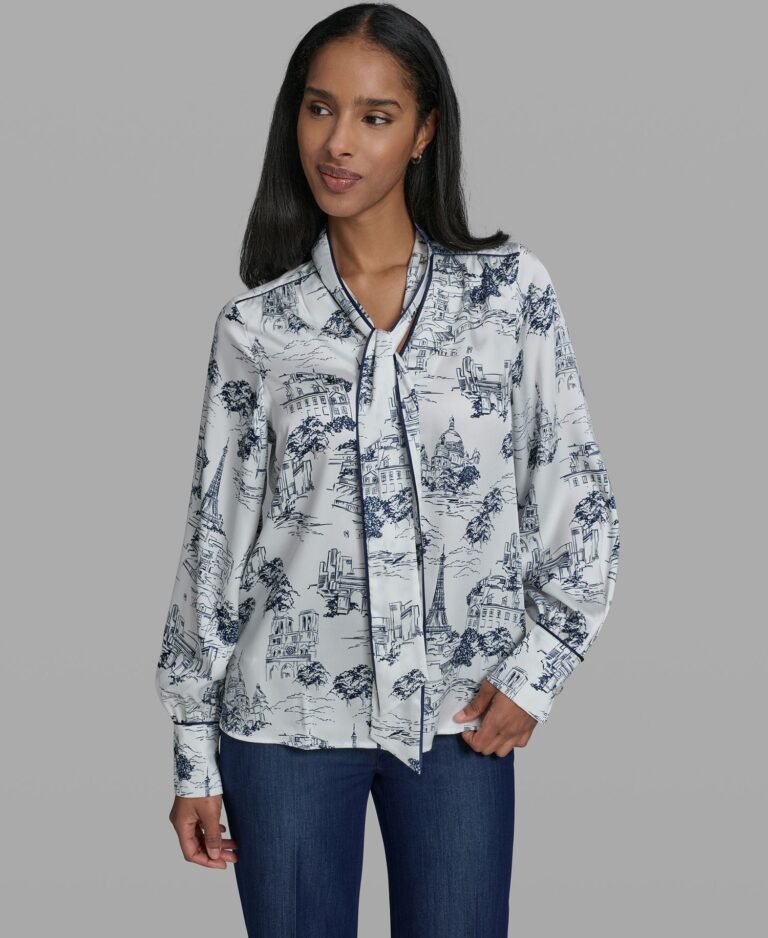 Women's Long Sleeve Tie Neck Printed Blouse