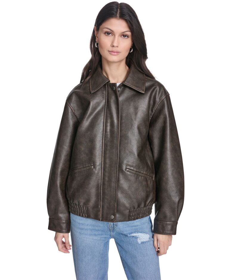 Women's Faux Leather Relaxed-Fit Bomber Jacket