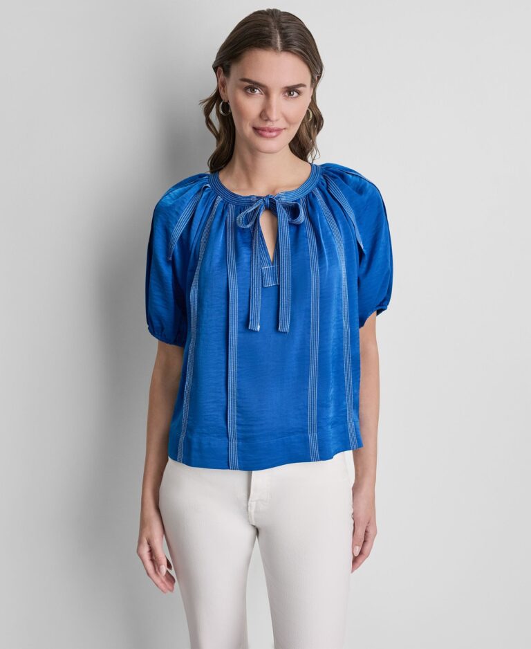 Women's Puff-Sleeve Top Stitch Tie-Front Top