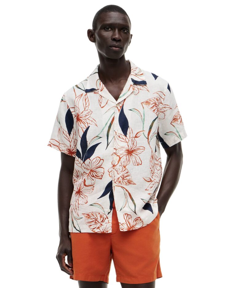 Men's 100% Linen Resort Print Camp Collar Short-Sleeve Shirt