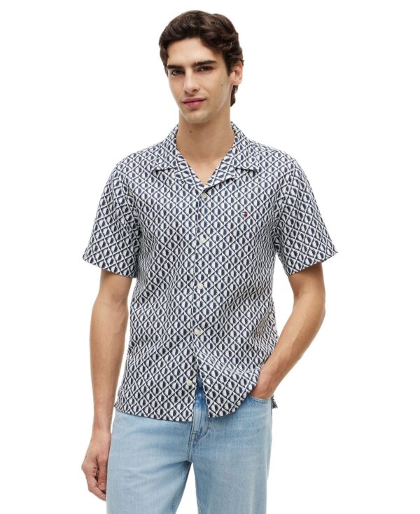 Men's Linen Blend Camp Collar All-Over Print Short-Sleeve Shirt
