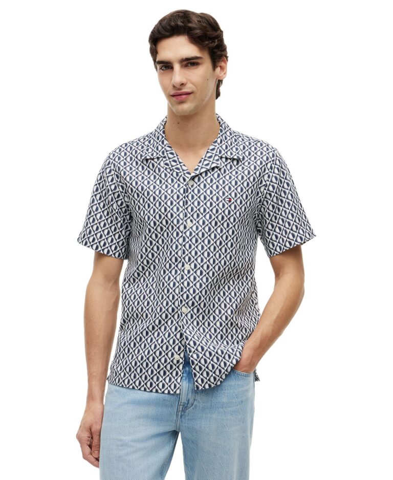 Men's Linen Blend Camp Collar All-Over Print Short-Sleeve Shirt