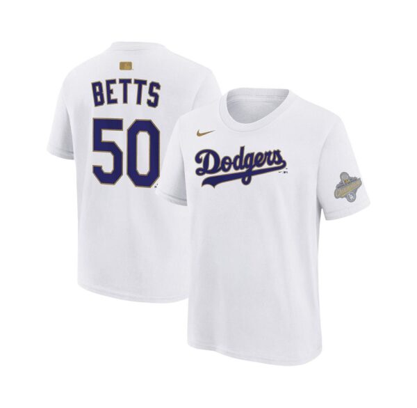 Big Boys and Girls Mookie Betts White Los Angeles Dodgers 2026 Gold Collection Name & Number T-Shirt