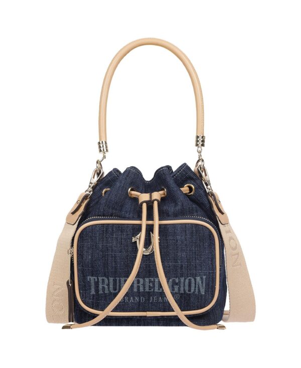 Bryce Denim and PU Bucket Bag - Women s Designer Drawstring Bucket Handbag with Crossbody Strap