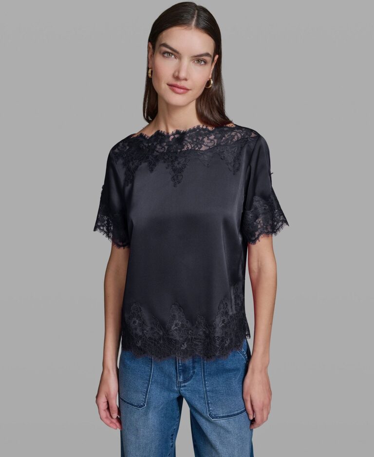 Women's Short-Sleeve Lace Trim Blouse