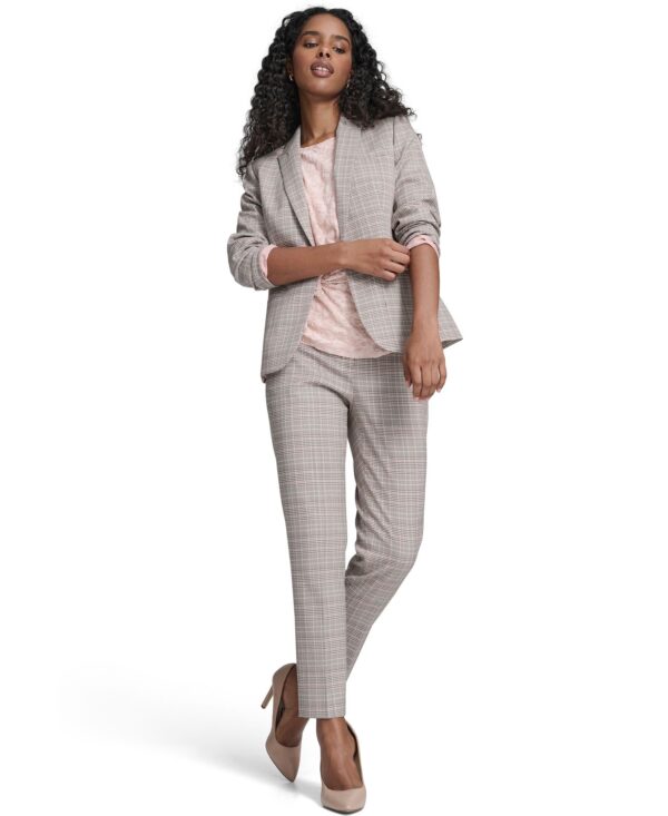 Women's Plaid One Button Blazer Jacket, Floral Clip Draped Crew Neck Top, and Plaid Sloane Ankle Pants
