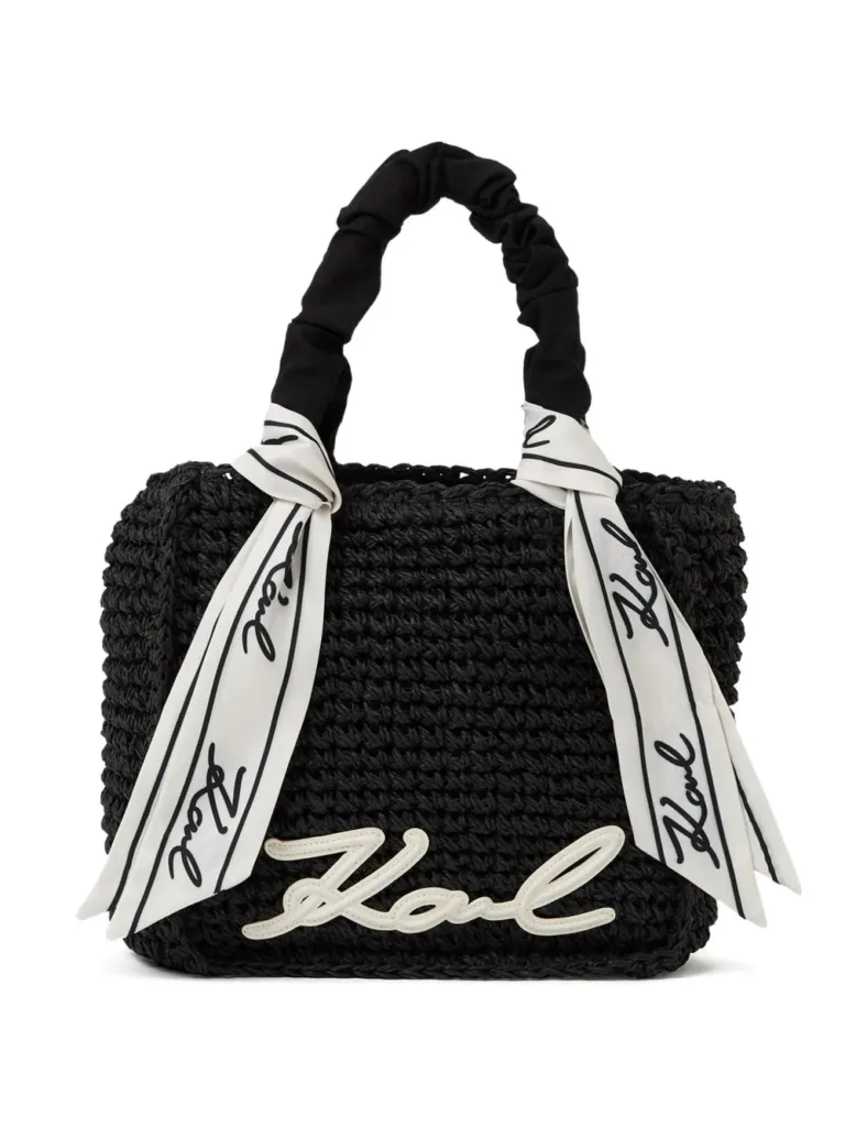 woven handbag with ruched handle and signature detail