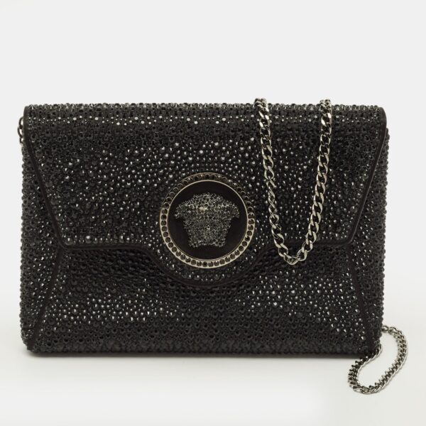 la medusa crystals black satin chain clutch