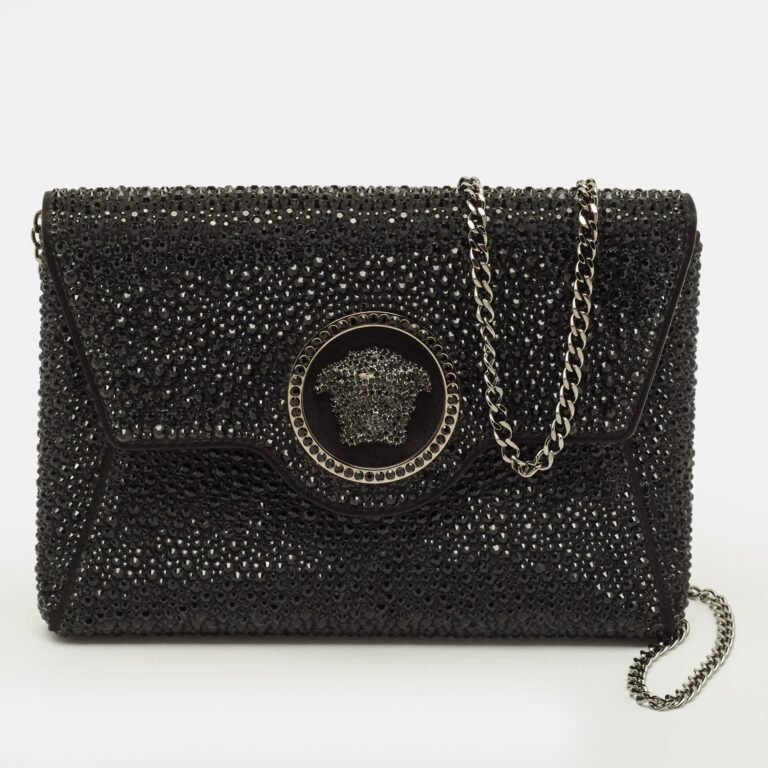la medusa crystals black satin chain clutch