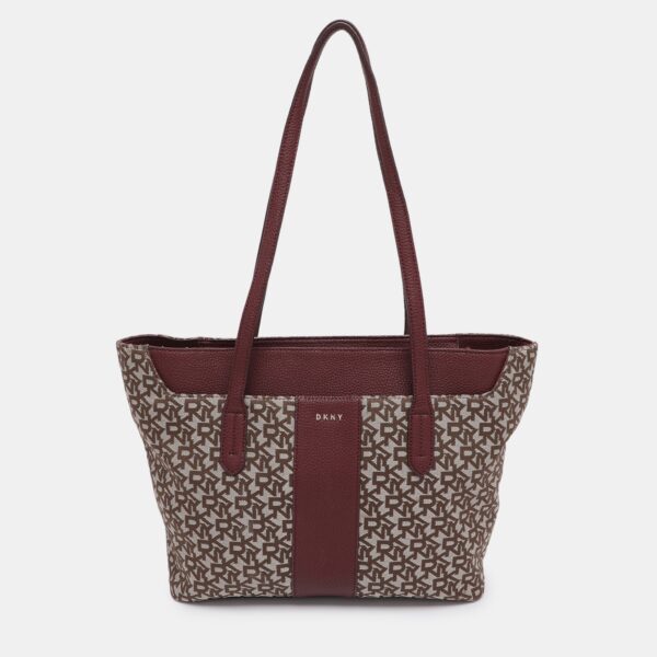 beige/burgundy canvas and leather tote