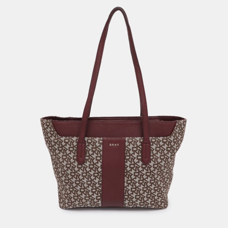 beige/burgundy canvas and leather tote