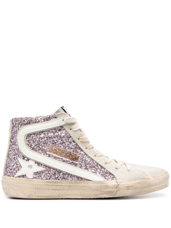 high-top sneakers with glittery textured fabric