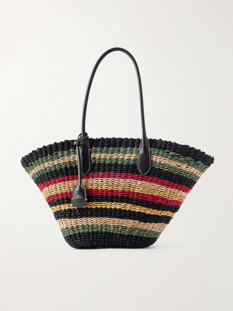 Bellport medium leather-trimmed raffia tote