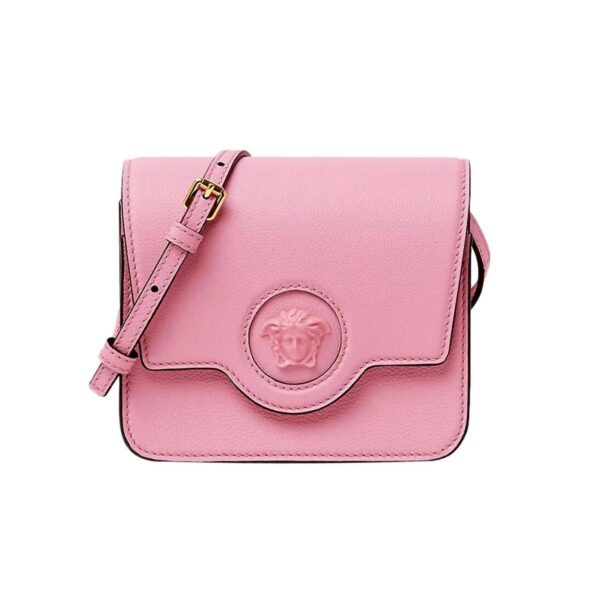 women's la medusa logo plaque pebbled leather crossbody bag in pink