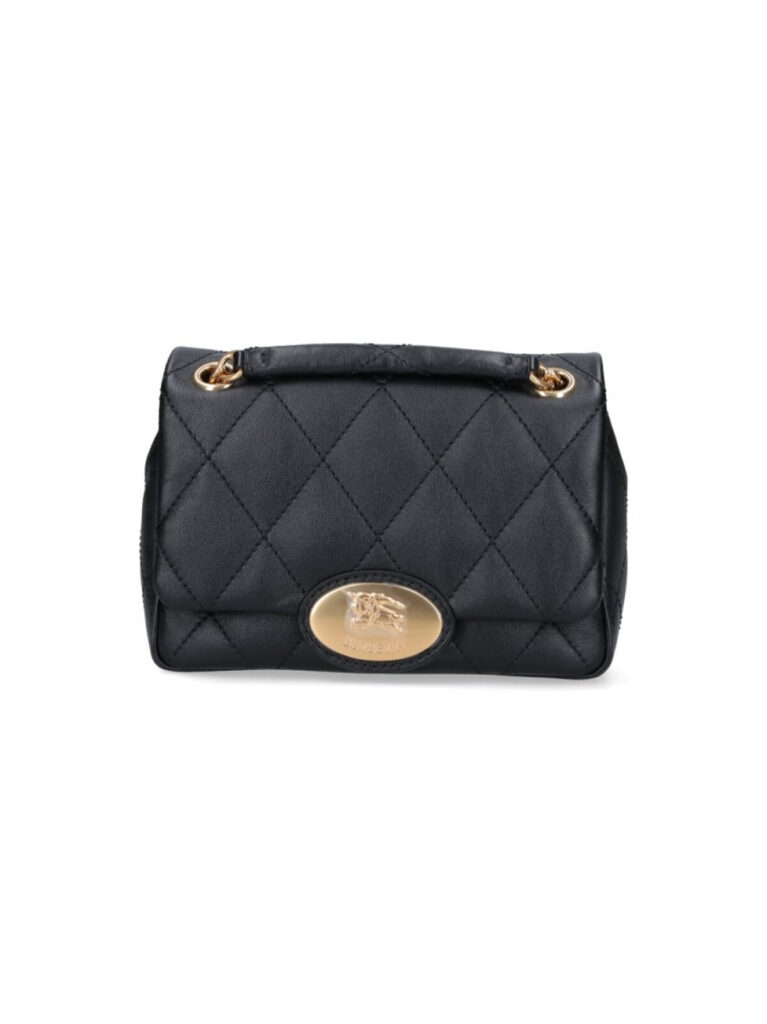 compact quilted black bag with gold-tone plaque