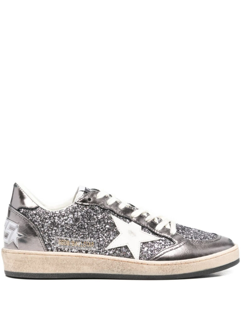 glittery silver low-top sneakers with metallic overlays