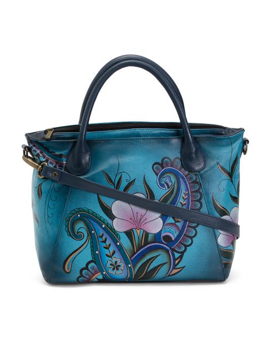 ANUSCHKA Leather Hand Painted Paisley Floral Slouchy Satchel