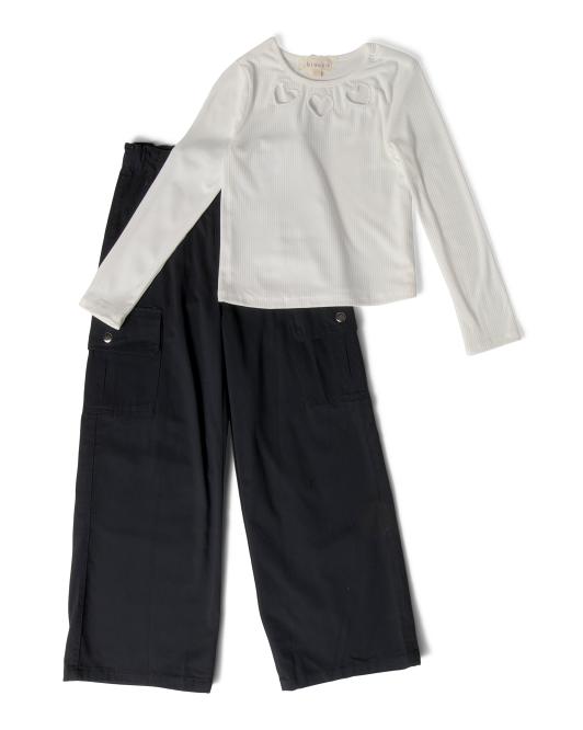 B TWEEN Big Girl 2pc Ribbed Long Sleeve Tee And Twill Cargo Pants Set