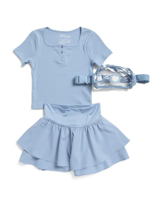 B TWEEN Girls 2pc Henley Tee And Tiered Shorts Set With Bag