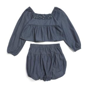BADGLEY MISCHKA Little Girls Denim Blouse And Bubble Skirt Set With Hairclips