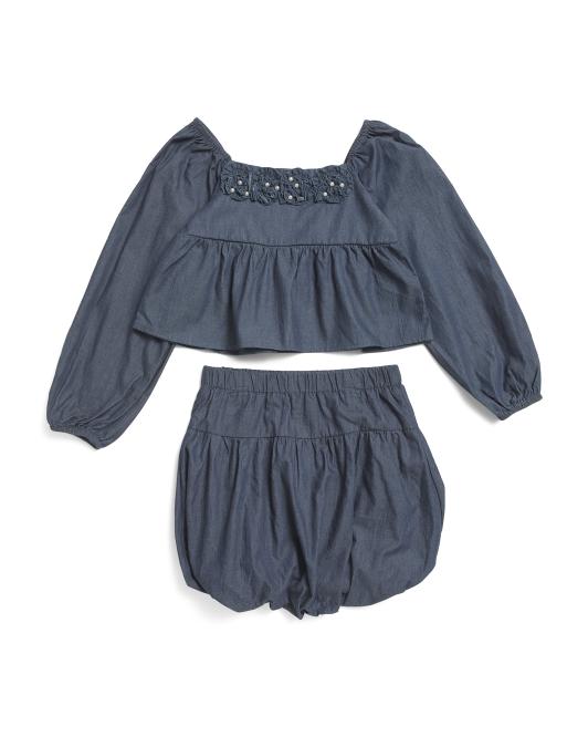 BADGLEY MISCHKA Little Girls Denim Blouse And Bubble Skirt Set With Hairclips