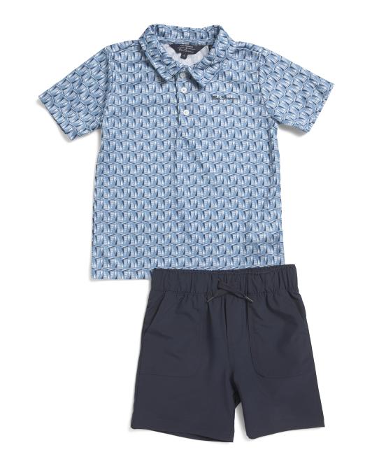 BEN SHERMAN Little Boys 2pc Short Sleeve Sailboats Tech Polo And Shorts Set