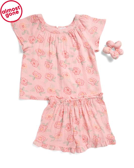 BTWEEN Girls 2pc Printed Top And Shorts Set With Scrunchie