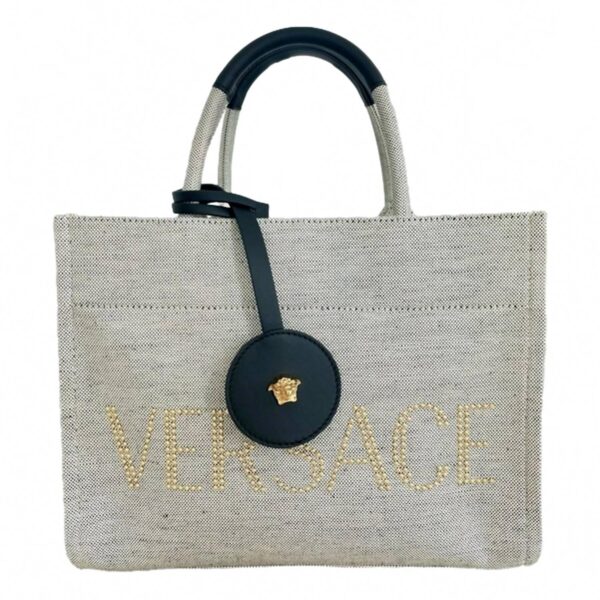 women's canvas studded logo mini tote bag in ecru