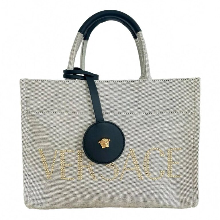 women's canvas studded logo mini tote bag in ecru