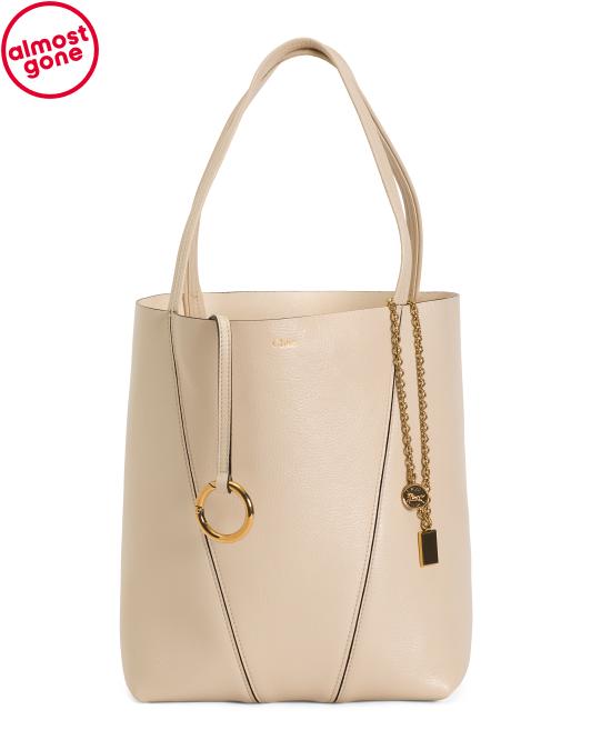 CHLOE Made In Italy Leather Grained Shiny Spin Tote With Chain Charm