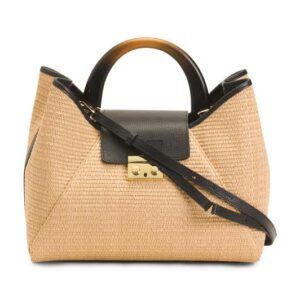 CLAUDIA Made In Italy Satchel With Wooden Handles And Leather Trim