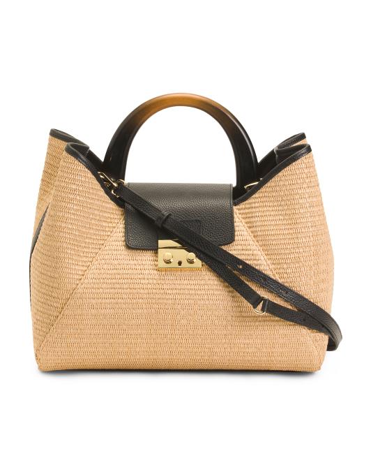 CLAUDIA Made In Italy Satchel With Wooden Handles And Leather Trim