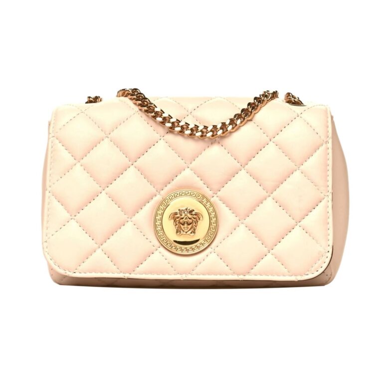 women's la medusa nappa quilted leather chain small crossbody bag in beige