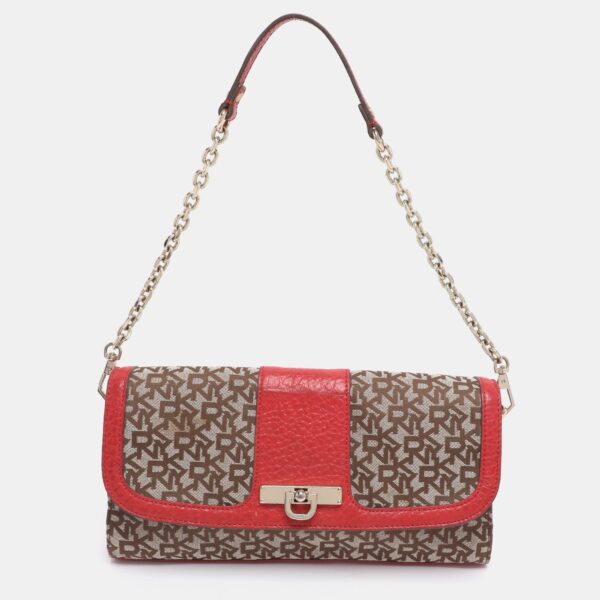 beige/red canvas and leather chain shoulder bag