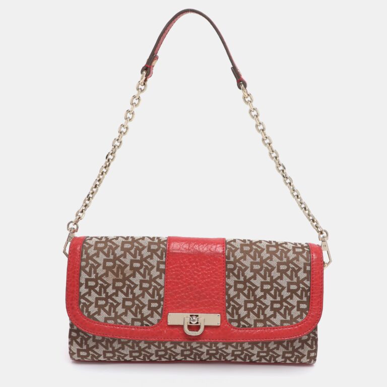 beige/red canvas and leather chain shoulder bag
